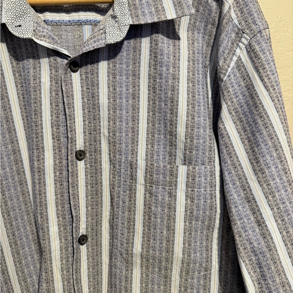 Bugatchi Men's Button Down Dress Shirt Cotton Blue White Striped Textured XL - Picture 10 of 14